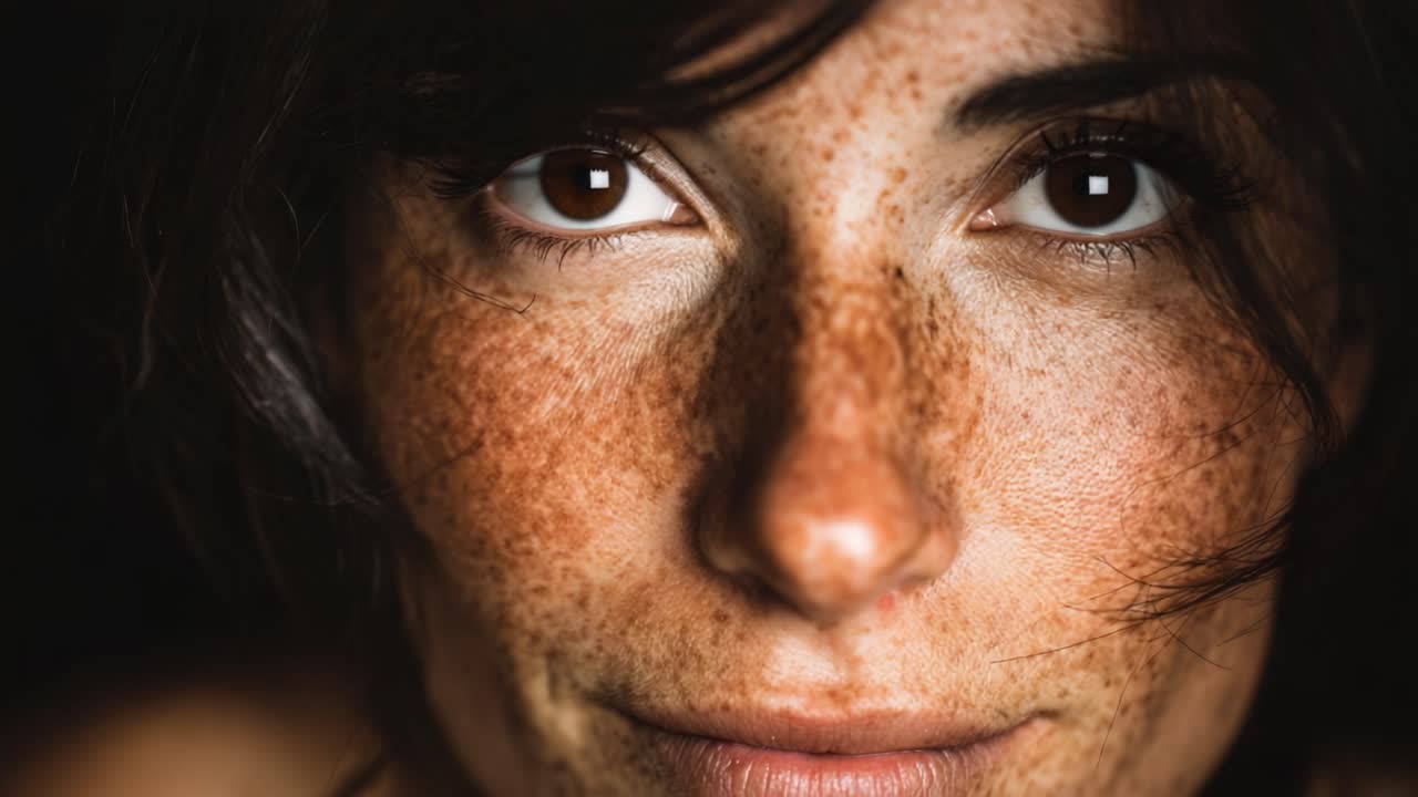 A Transformation of Emotion: From Serenity to Joy Captured in Two Frames, Highlighting the Beauty of a Freckled Face and Genuine Smiles