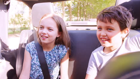 two young kids travelling in the back passenger seat of car