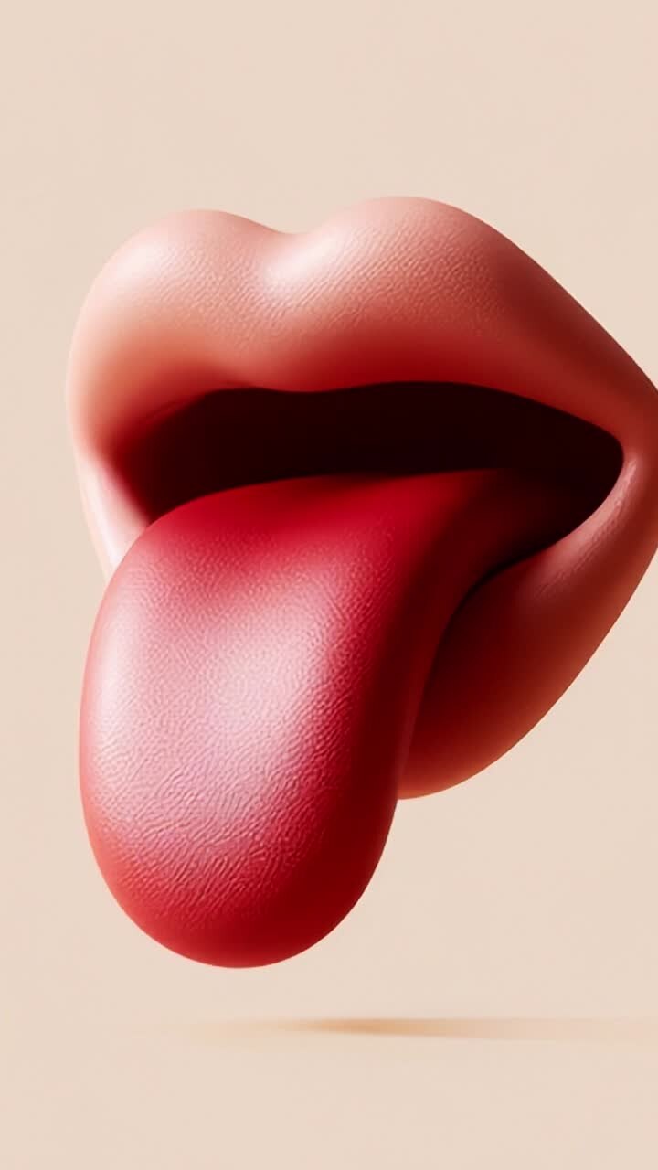 Artistic Representation of a Stylized Mouth with an Extending Tongue, Showcasing Rich Textures and Vibrant Colors in a Minimalist Design