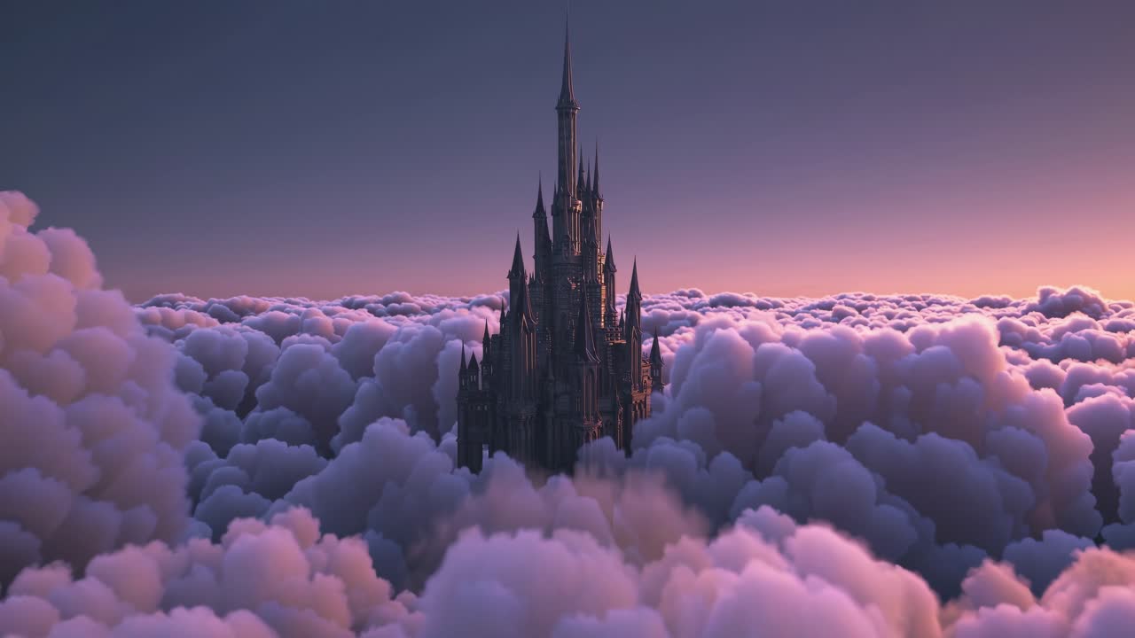 Aerial view of a mystical castle rising above fluffy clouds at sunset, creating a dreamy, cinematic