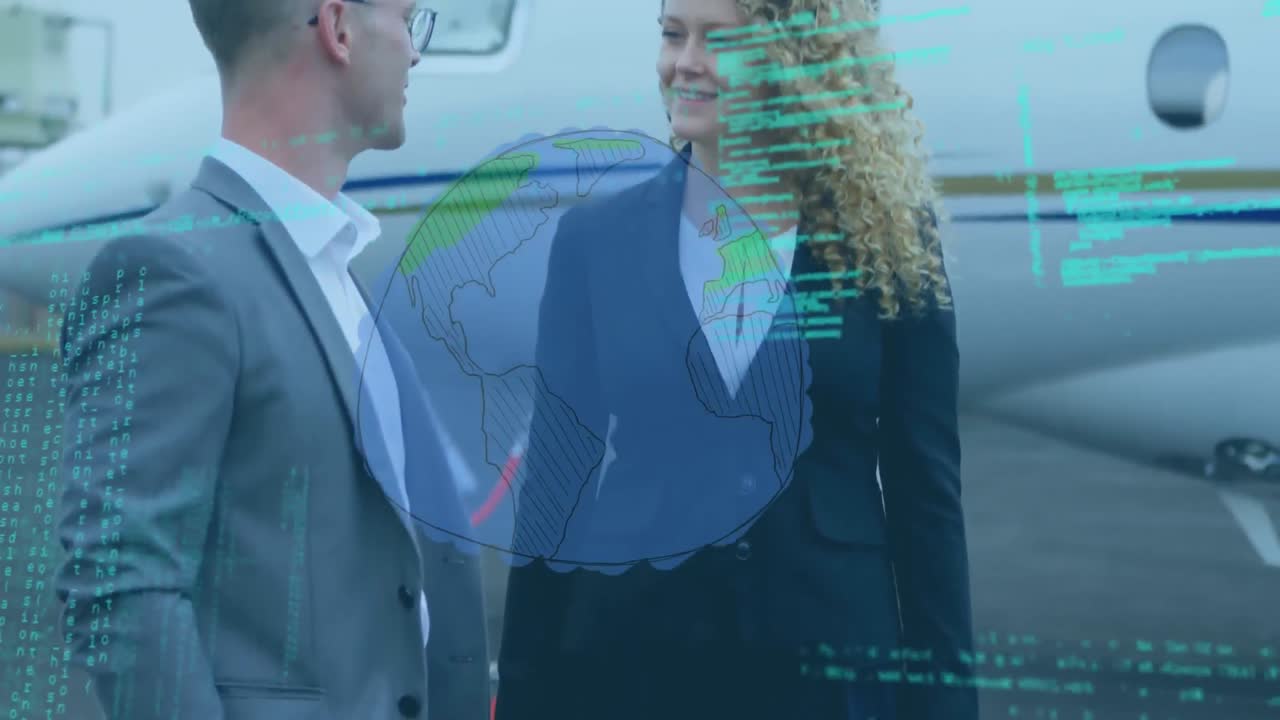 globo giratorio y procesamiento de datos sobre hombre de negocios y mujer de negocios hablando en la pista del aeropuerto