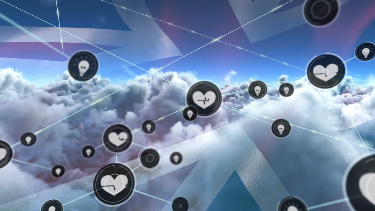 영국  ⁇ 발과 구름진 하늘 위의 연결 네트워크와 아이콘의 애니메이션