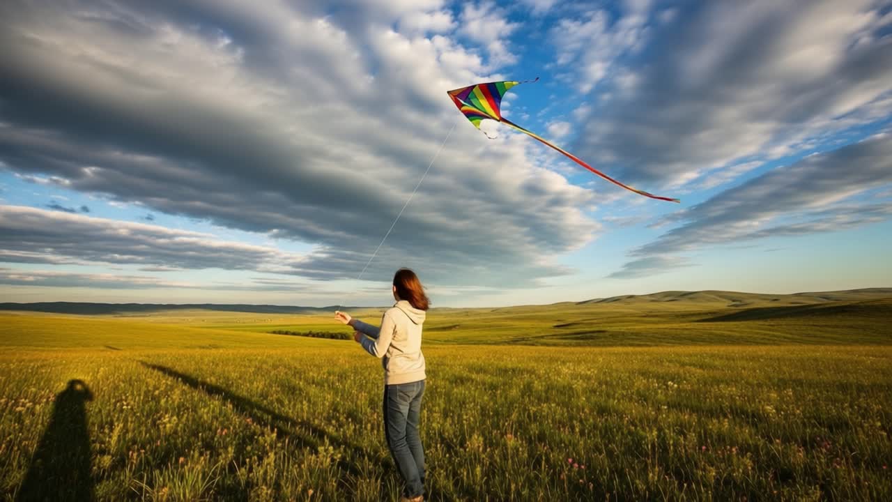 A Joyful Individual Flying a Colorful Kite in a Vast Green Field Under a Beautiful Sky, Capturing the Essence of Freedom and Playfulness in Nature's Embrace