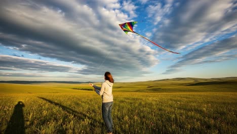 A Joyful Individual Flying a Colorful Kite in a Vast Green Field Under a Beautiful Sky, Capturing the Essence of Freedom and Playfulness in Nature&#039;s Embrace