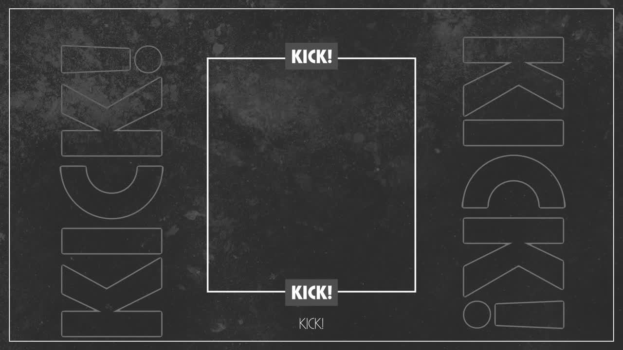 Animation of white text kick, with central white frame and blank space on grey background