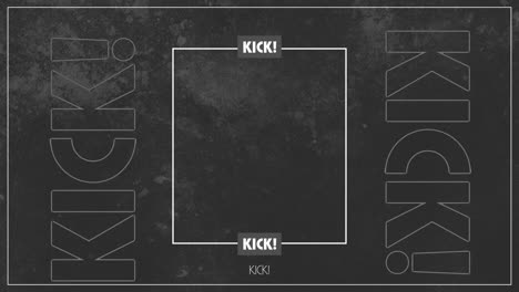 animation of white text kick, with central white frame and blank space on grey background