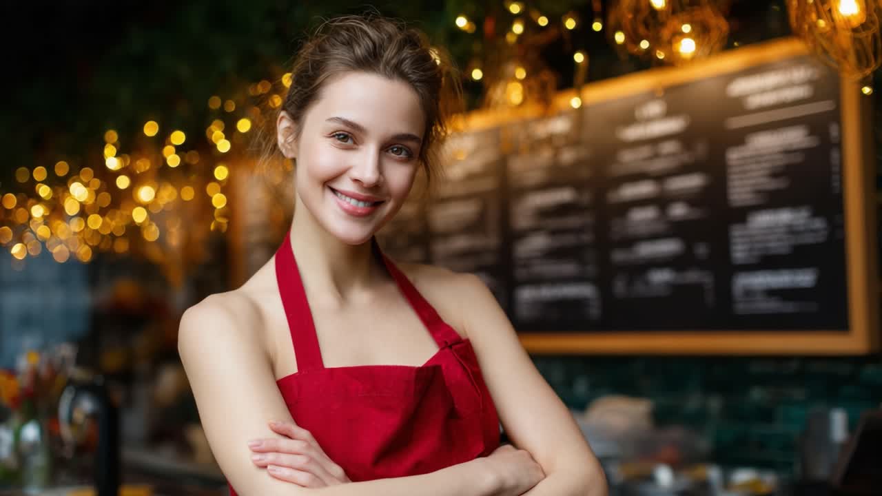 A Cheerful Young Woman in a Red Apron Smiling in a Cozy, Decoratively Lit Caf? with a Menu Board in the Background