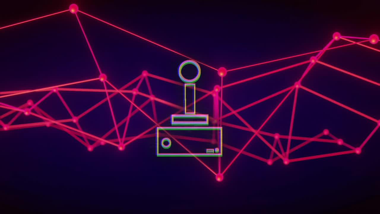 Neon joystick animation over network of red connected nodes and lines