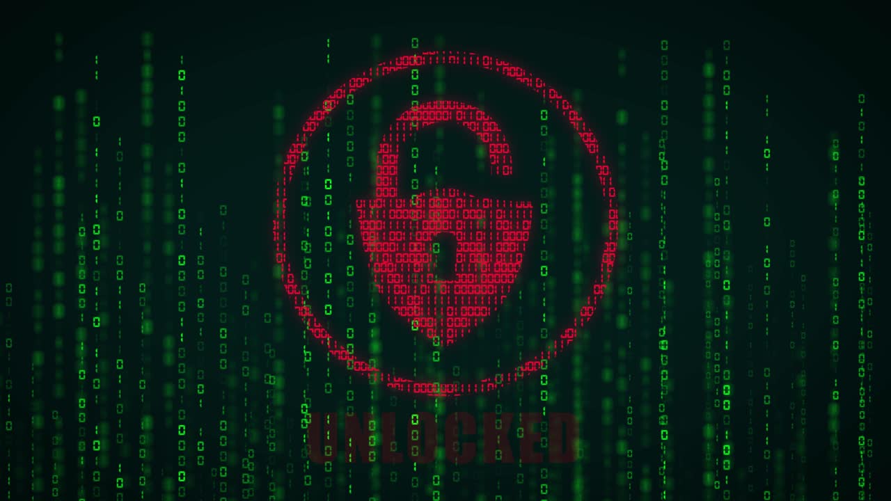 gráfico de movimiento de alta tecnología, con tema de código binario animado, con texto parpadeante, que muestra un logotipo de sistema bloqueado que se desbloquea, con código de lluvia de código binario estilo matriz que fluye hacia arriba