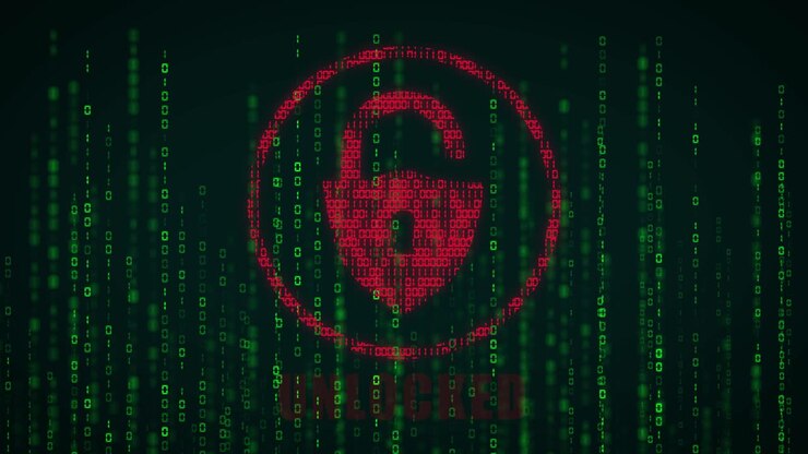 High tech motion graphic, with animated binary code theme, with flashing text, showing a locked system logo becoming unlocked, with matrix style binary code rain code flowing upwards