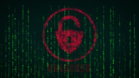 gráfico de movimiento de alta tecnología, con tema de código binario animado, con texto parpadeante, que muestra un logotipo de sistema bloqueado que se desbloquea, con código de lluvia de código binario estilo matriz que fluye hacia arriba
