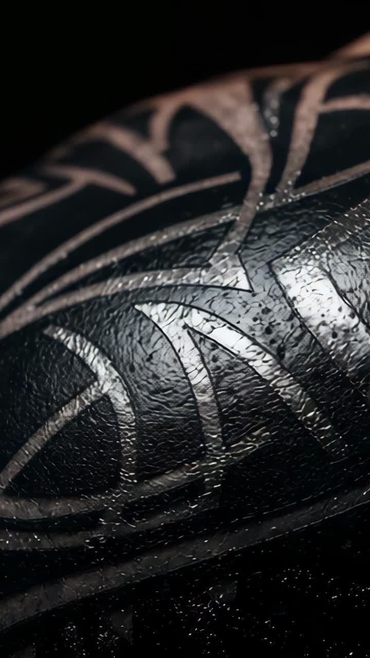 Vertical video: Rotating sphere revealing silver geometric inlay in dark studio with water droplets