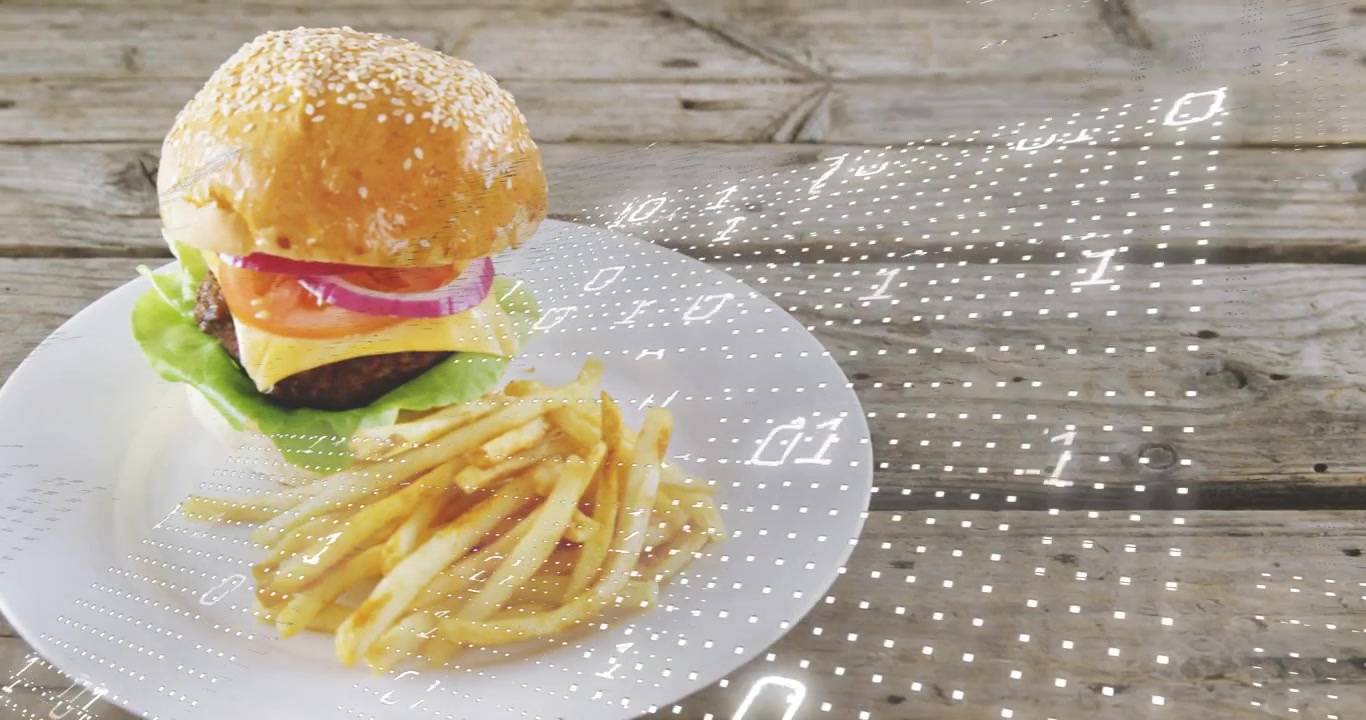 Piatto bianco con hamburger e patatine fritte che scivola dentro, attivando una griglia binaria olografica per il design tecnologico.