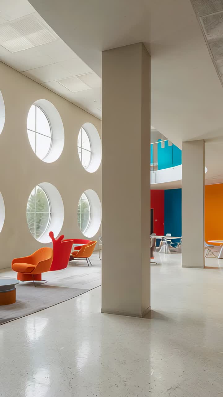 Vertical video: Gliding camera revealing center column in lobby, showing windows and bright seats