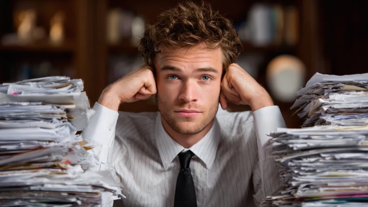 A Young Professional Faces Overwhelming Paperwork and Stress in an Office Setting, Capturing the Struggles of Modern Work Life