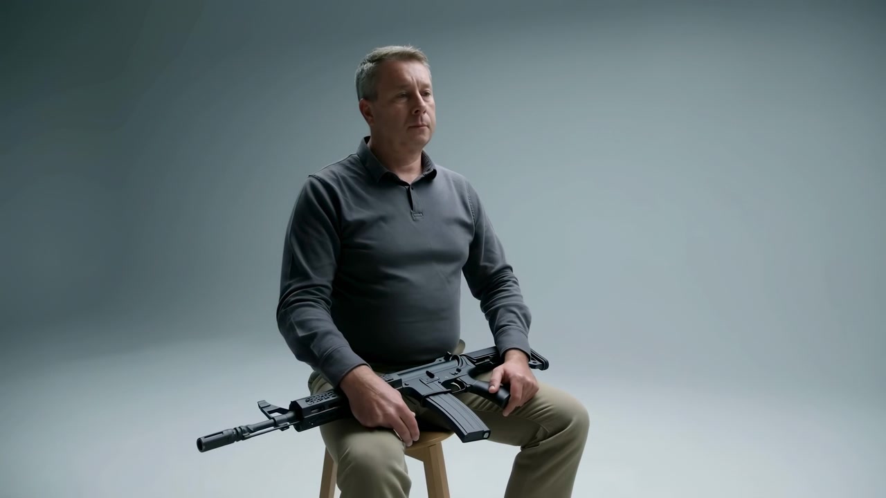 Man remains seated with firearm resting horizontally across his thighs, hands placed near stock and receiver, framed against plain gray backdrop with soft side lighting and uncluttered composition.