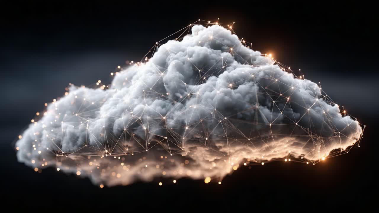 A Stunning Visual Representation of a Cloud Interwoven with Glowing Digital Connections, Symbolizing the Intersection of Nature and Technology