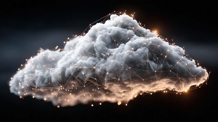 Una straordinaria rappresentazione visiva di una nuvola intrecciata con connessioni digitali luminose, che simboleggia l'intersezione tra natura e tecnologia