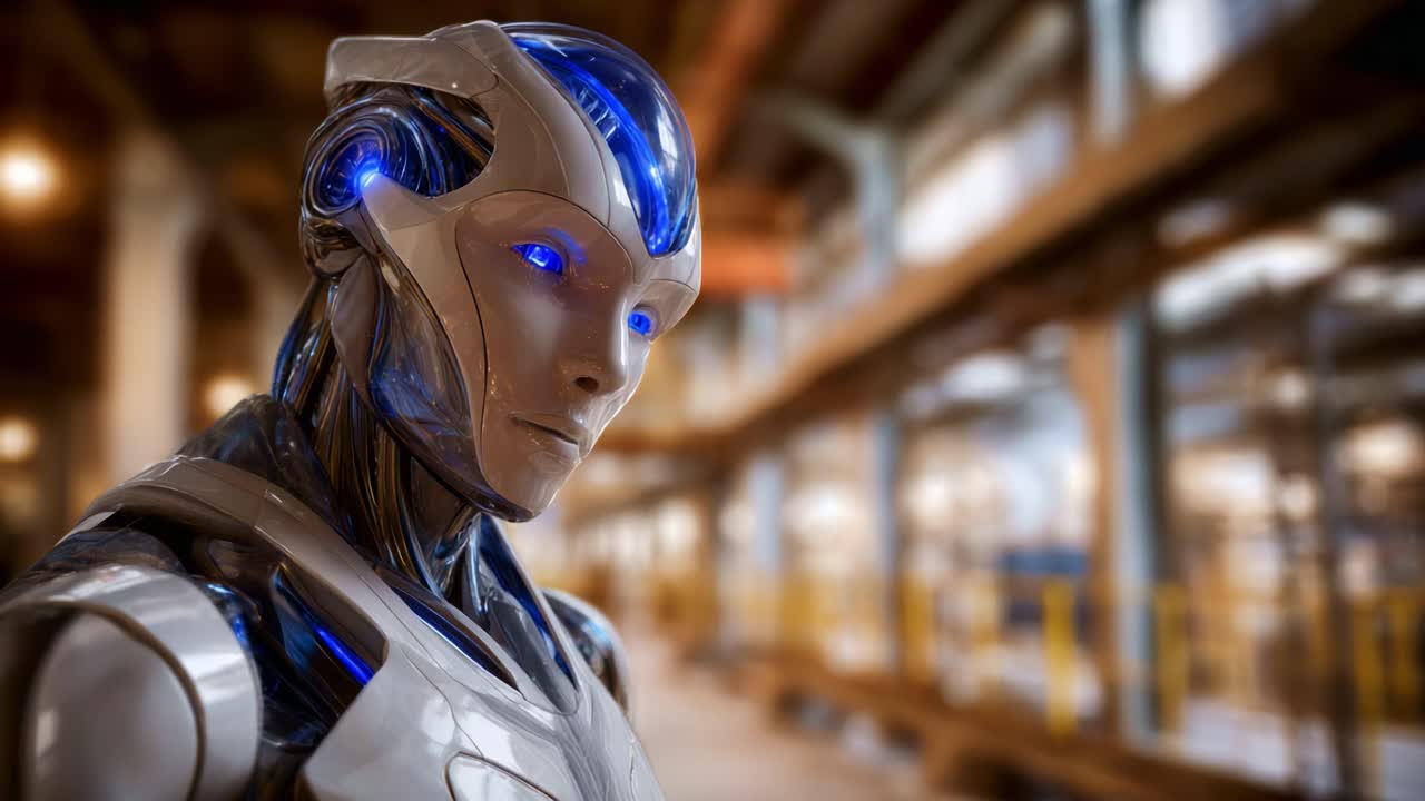 Personaggio robot futuristico con riflessi blu in un ambiente industriale che mette in mostra tecnologia e design avanzati in un'esperienza visiva accattivante