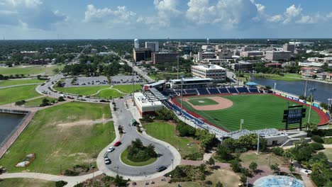 Aerial-view-of-Blue-Wahoo-Stadium-and-downtown-Pensacola,-Florida