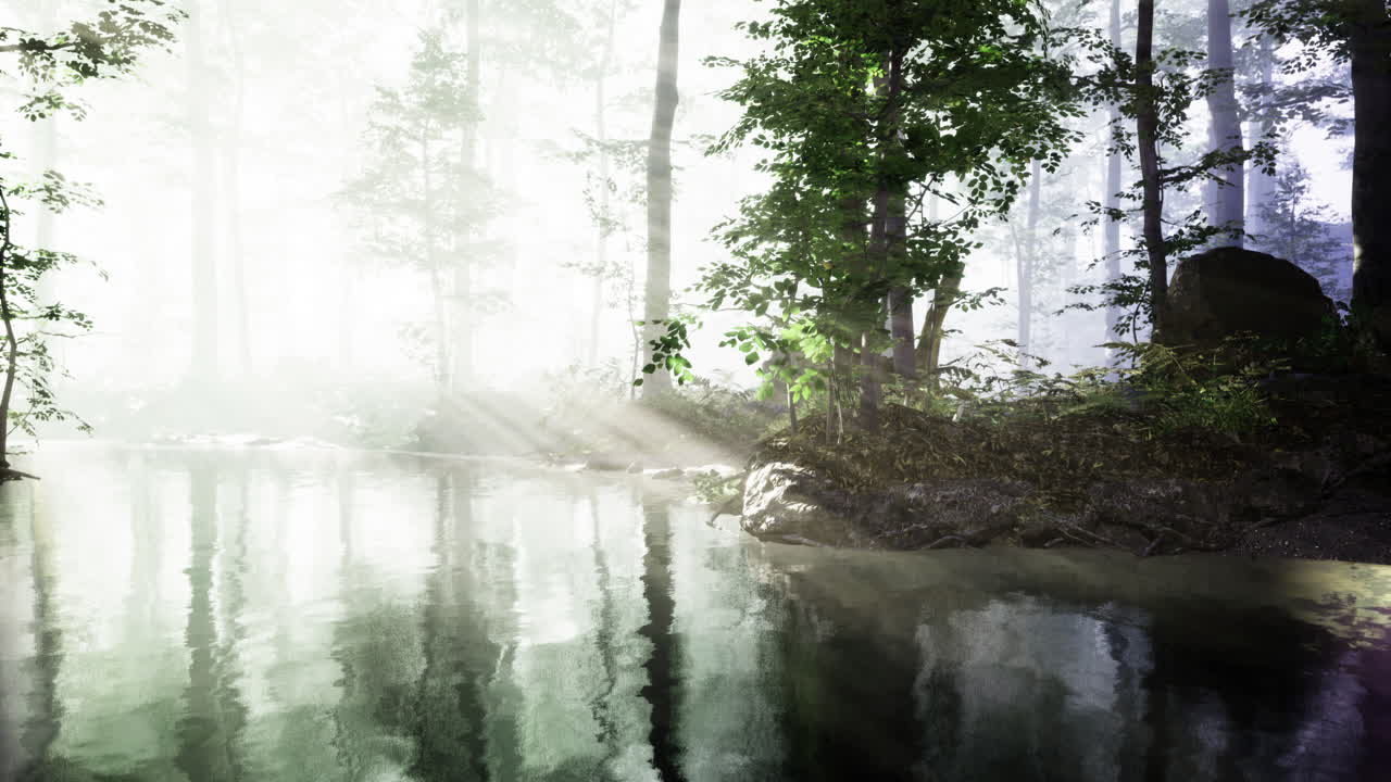 Misty morning light reflects on still waters in serene forest landscape