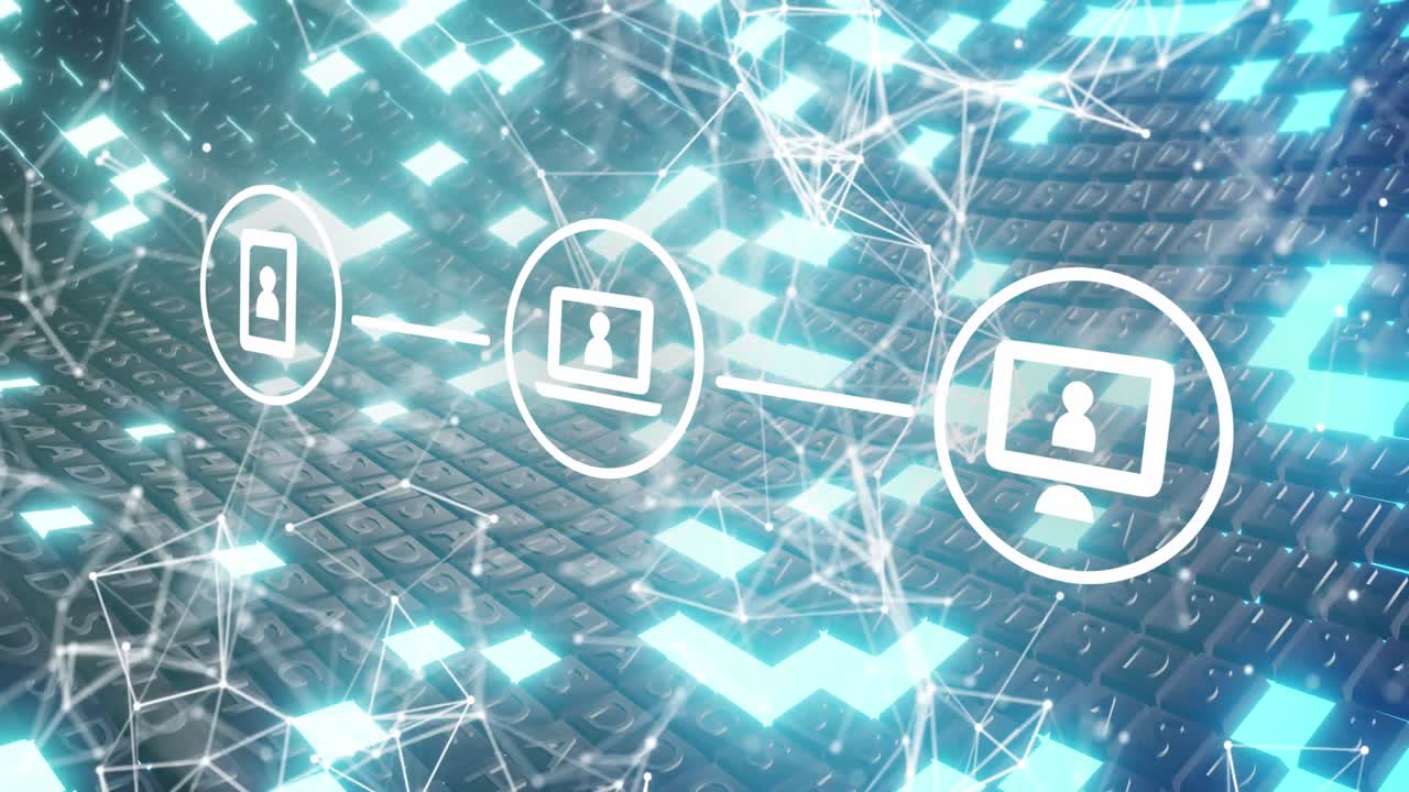 디지털 아이콘, 연결 네트워크 및 녹색 배경에 바이너리 코딩의 애니메이션