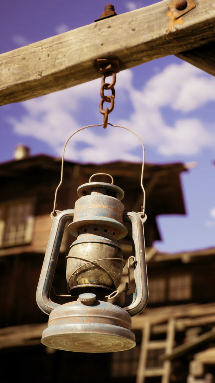 Rustic lantern hangs from wooden beam under clear blue sky at sunset