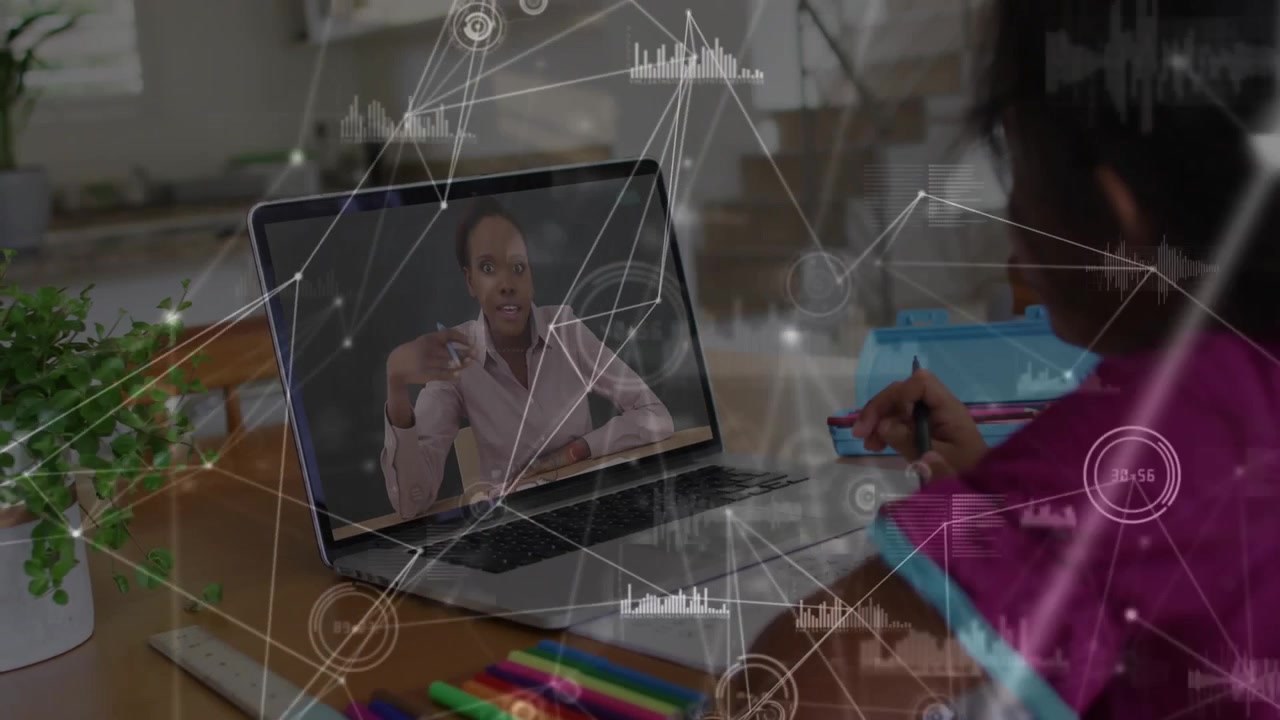 Child girl opening laptop calling teacher writing education notes while network graphics appearing