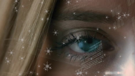 animation of snow falling and diagram over eye of caucasian woman