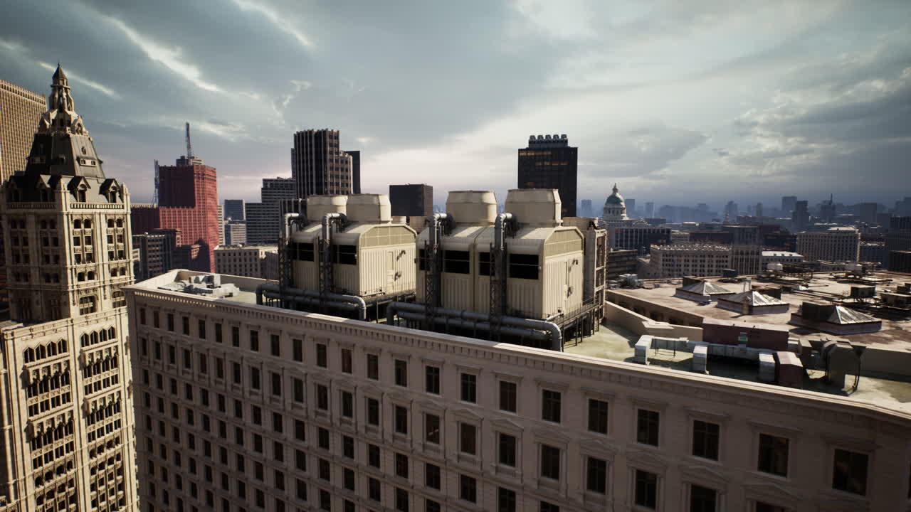 Urban skyline view with rooftop infrastructure and dramatic clouds at sunset