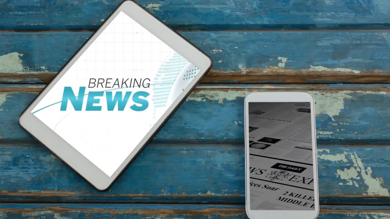 Animation of a digital tablet with words Breaking news and a smartphone