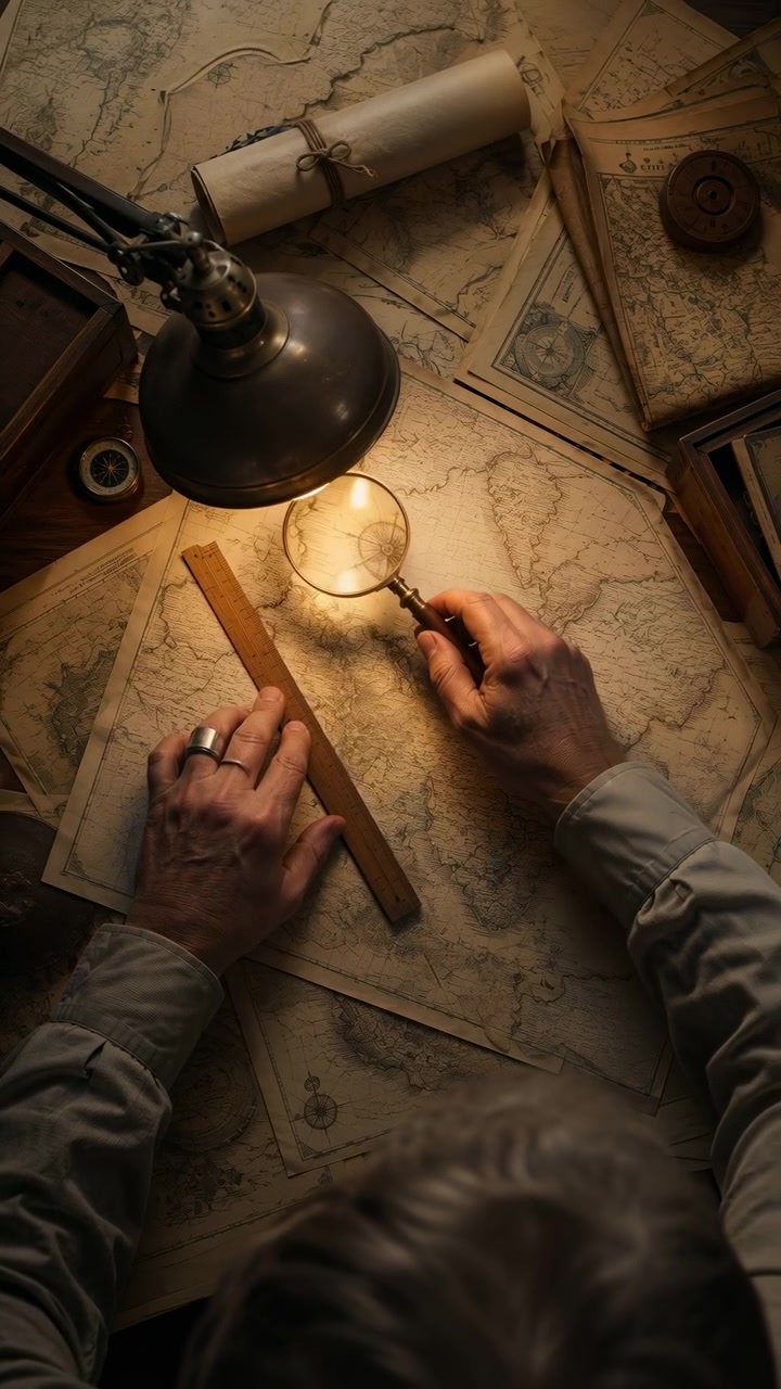 Overhead view shows hands closely inspecting aged world map under warm desk lamp, with magnifier and wooden ruler revealing parchment texture, coastline detail, and antique navigation marks
