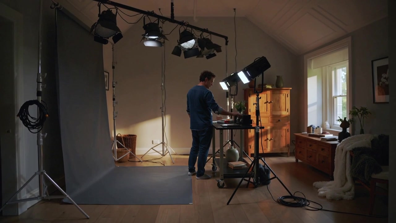 Adjusting photographer in navy top, jeans reacting to lamp brightening tuning home studio lighting