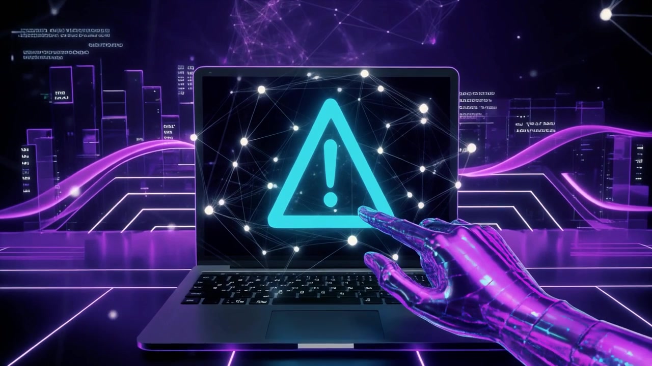 Robotarm med cybersikkerhedsadvarsel på laptopskærm