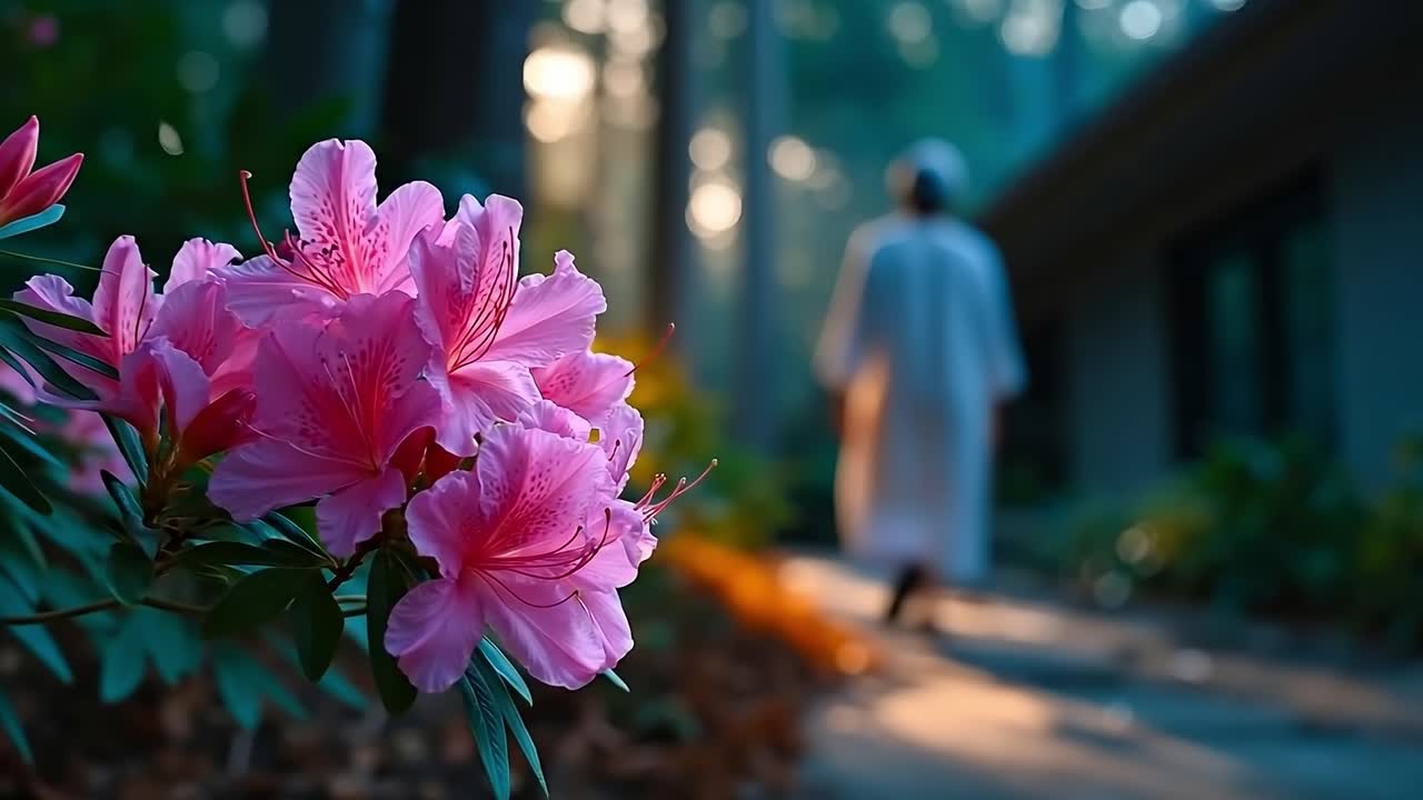 A person walking down a sidewalk next to a pink flower