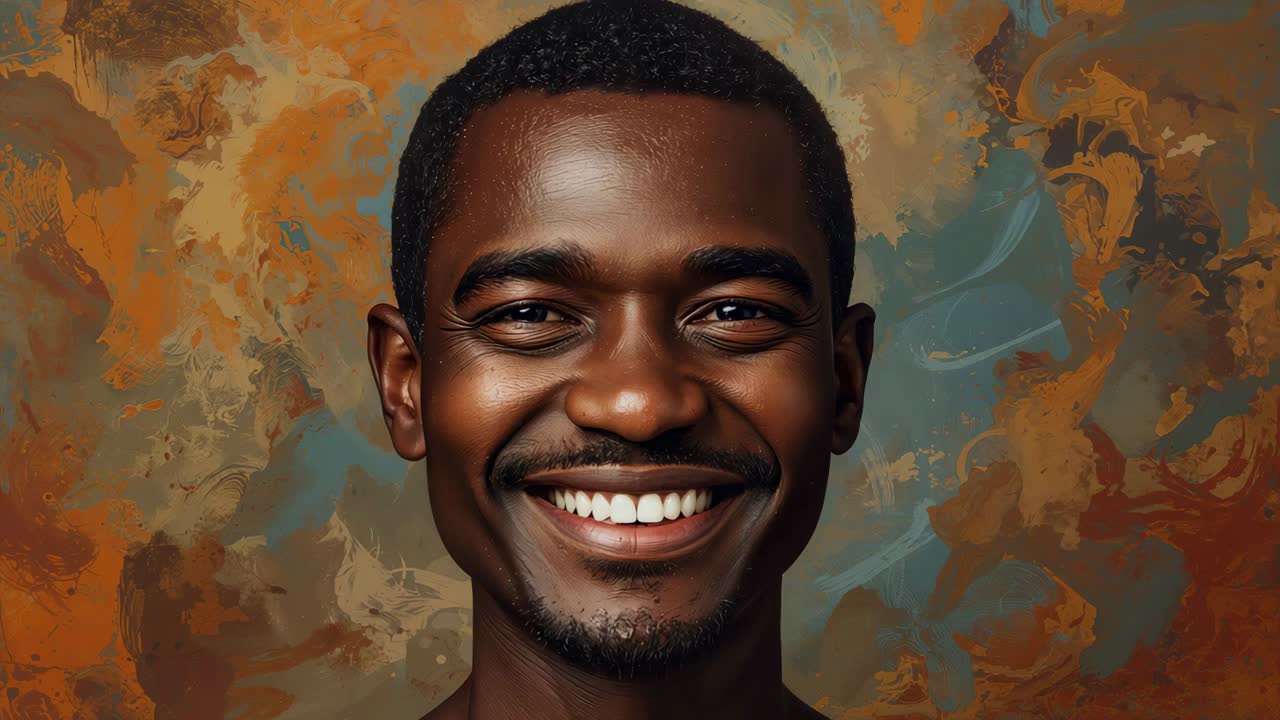 Camera filming smiling man keeping gaze and smile shifting for portrait with abstract backdrop