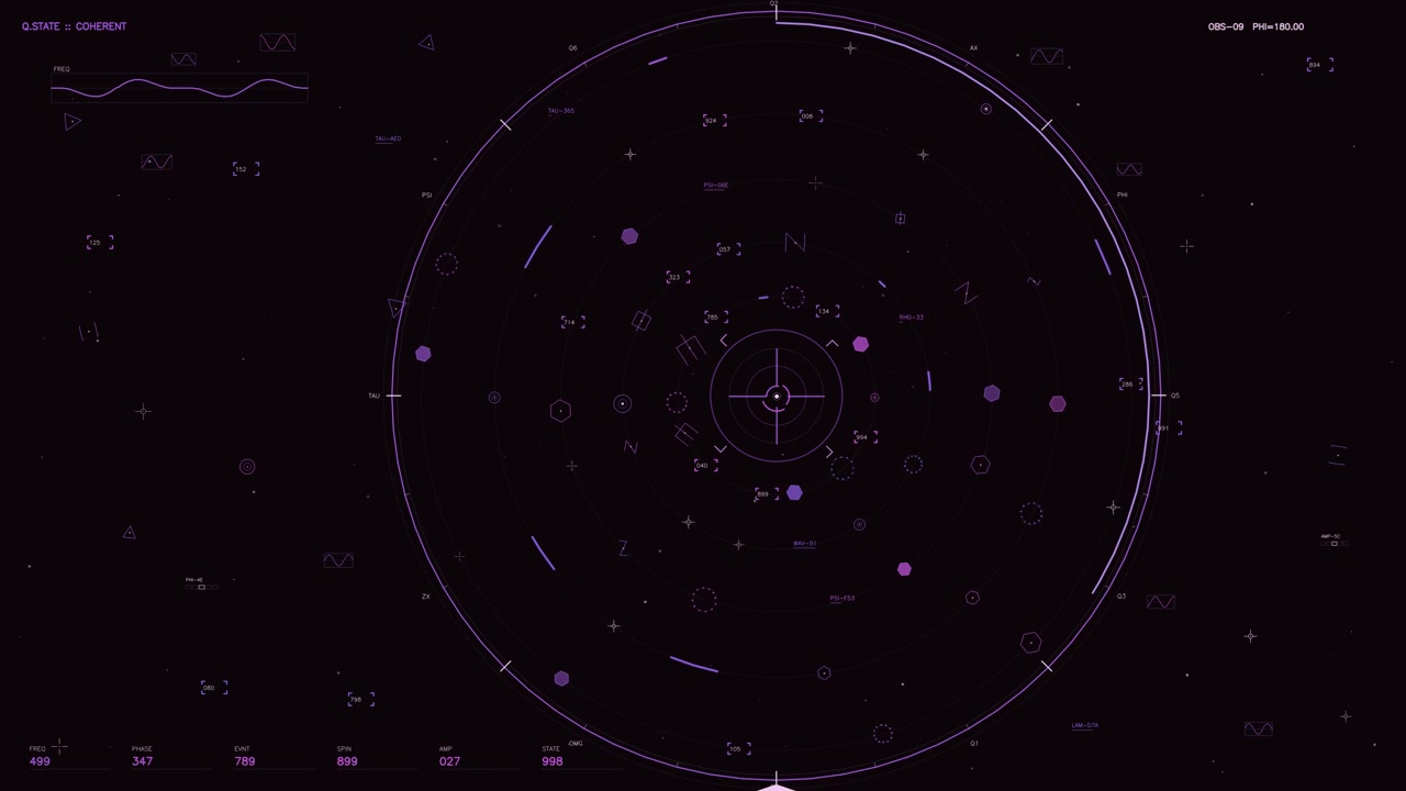 A high tech futuristic HUD interface featuring a central rotating radar with purple neon graphics. The display shows complex telemetry data including frequency, phase, and spin values alongside tactic