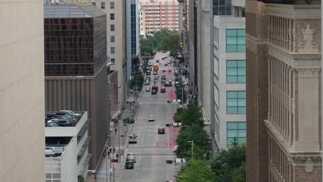 steady shot of travis street in houston with traffic