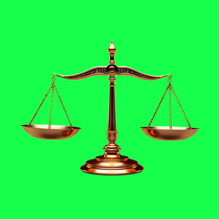Bilancia della giustizia dorata su schermo verde