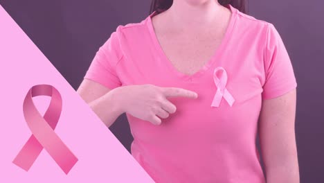 animation of pink breast cancer ribbon over caucasian woman