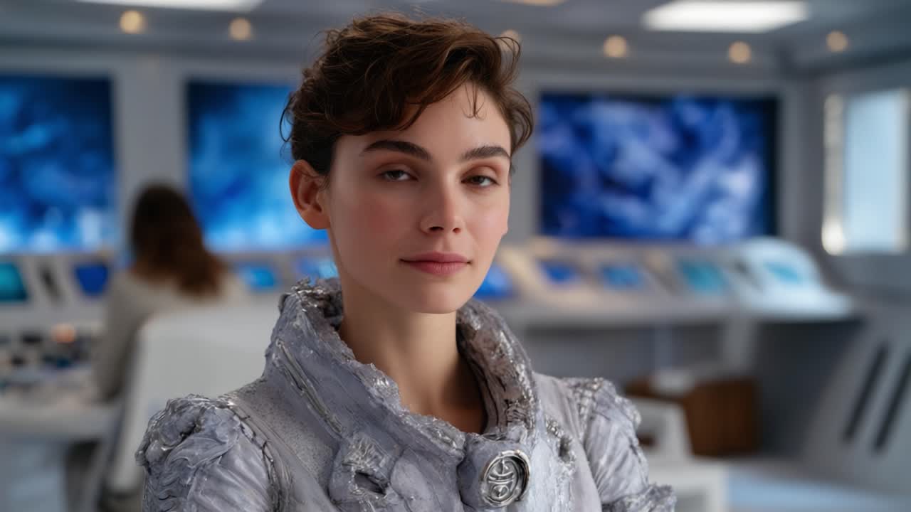 A Thoughtful Character in a Futuristic Setting, Showcasing Intricate Costume Design and Innovative Technology while Exuding a Mystical Aura and Confident Presence