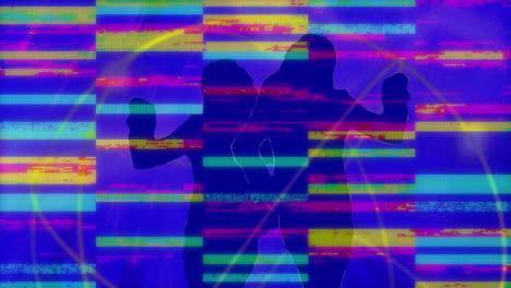Animation-of-silhouettes-of-people-dancing-with-stripes-flickering-in-seamless-loop