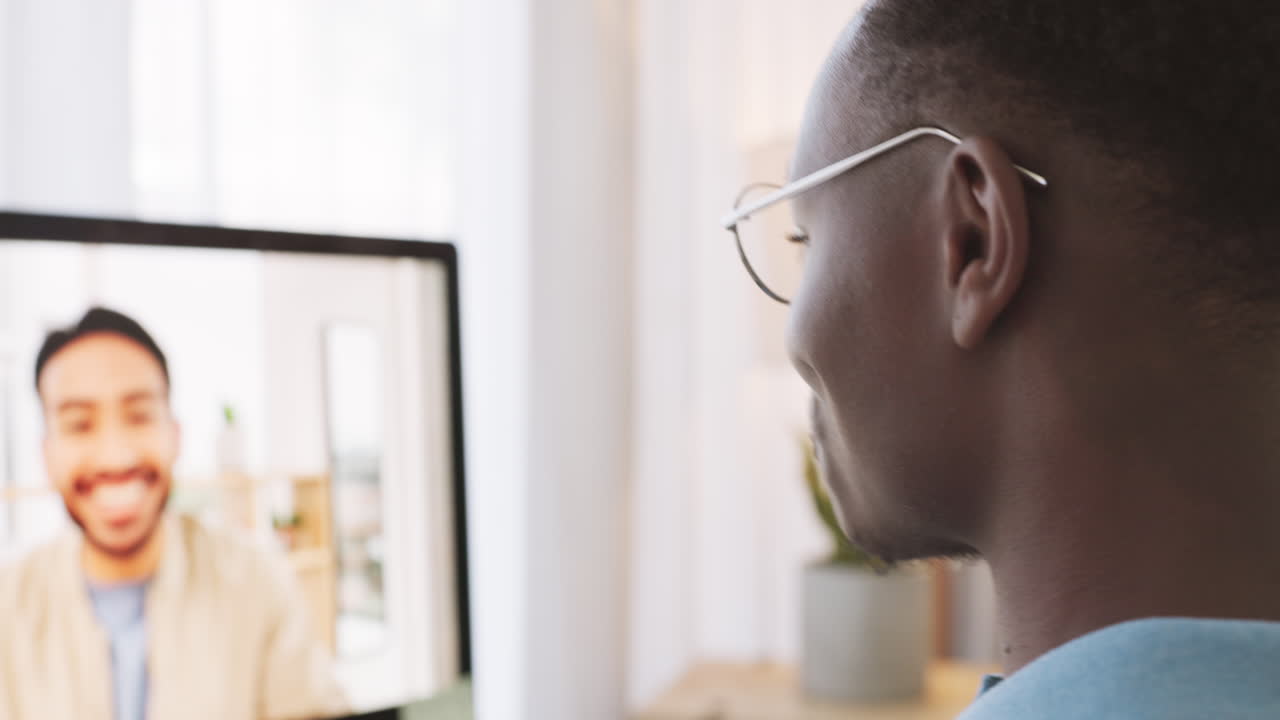 Video call, wave and black man on computer