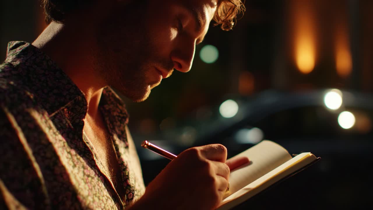 A Thoughtful Evening: A Young Man Engages in Reflective Writing Under Soft Urban Lights, Capturing Inspiration in a Notepad While Dressed in a Stylish Floral Shirt and Illuminated by a Dynamic Background