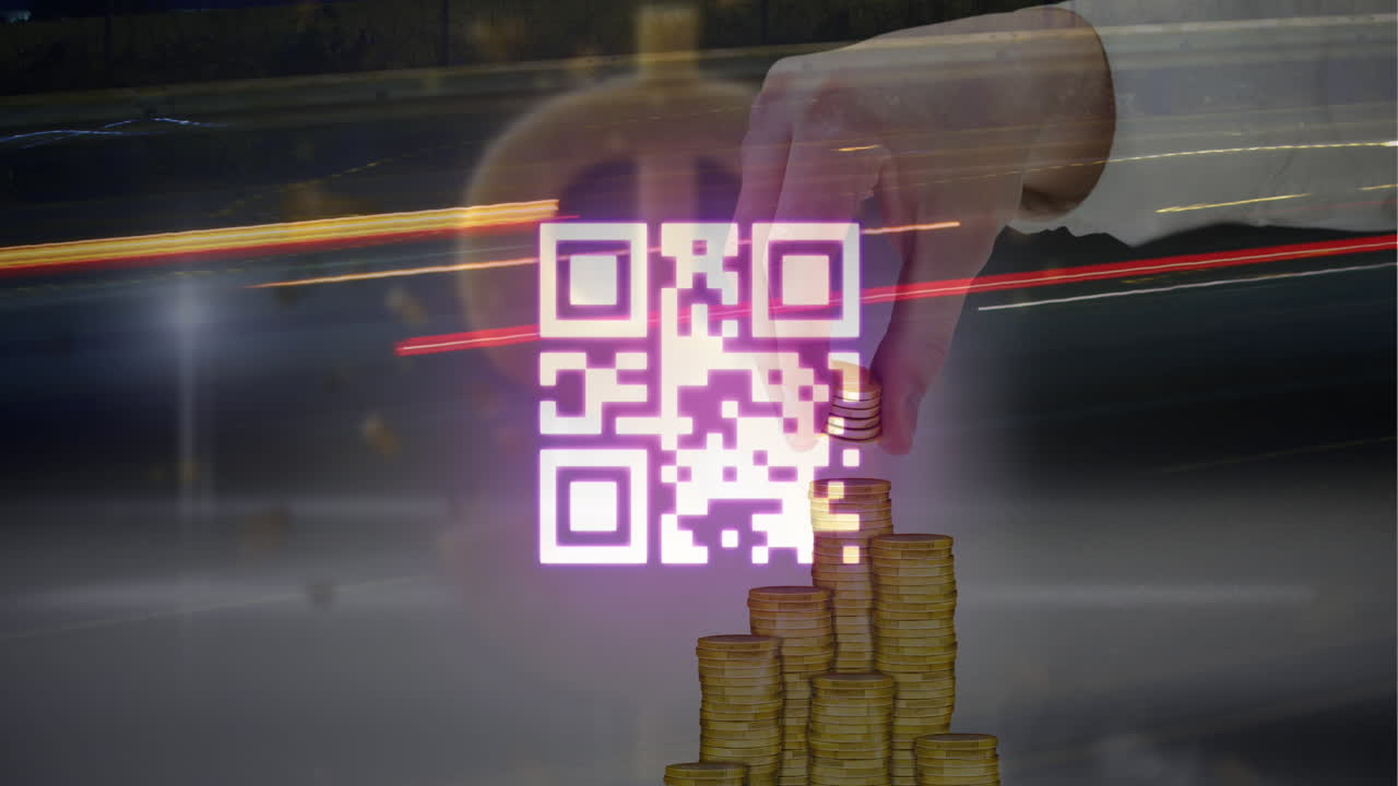 Animation of barcode and cropped hand of caucasian man placing coins on piles and dollar symbol