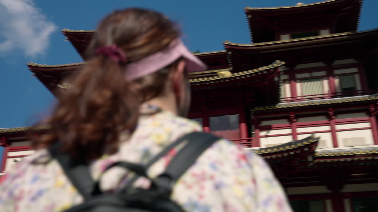 Tourist Looking At Buddhist Temple And Museum Complex Of Buddha Tooth Relic Temple In Chinatown District Of Singapore. Parallax Shot
