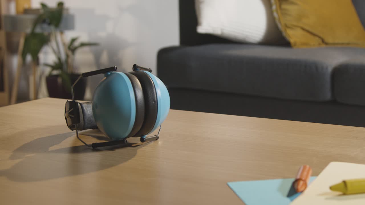 защитники ушей с карандашами и бумагой на столе дома для ребенка с диагнозом asd 1