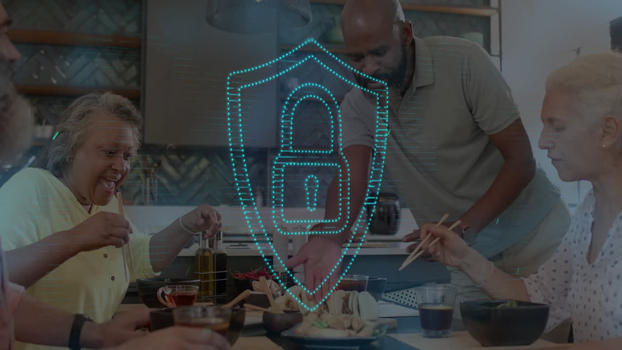 Left diners tasting, bald man entering with serving plate, group sharing meal under padlock shield