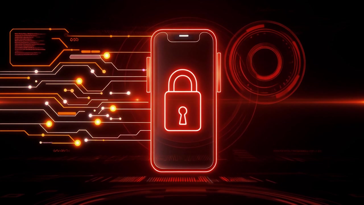 Digital Smartphone Security Concept with Glowing Padlock and Circuitry