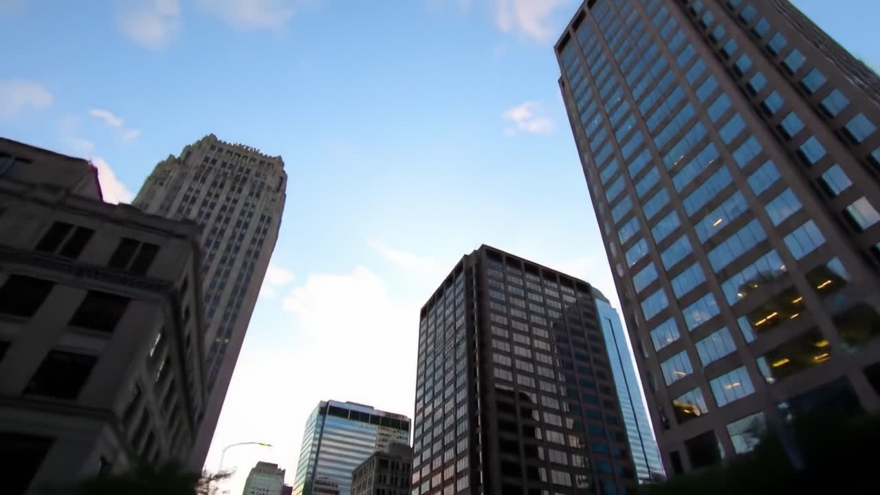 Towering buildings dominate the skyline as sunlight reflects off glass surfaces. The scene captures the lively atmosphere of the city as people move through the streets.
